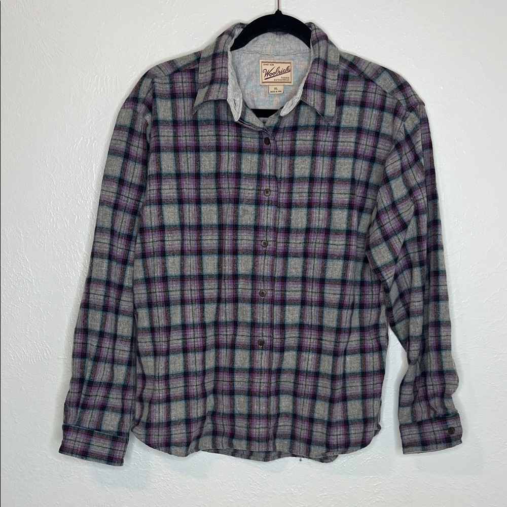 Woolrich Women’s Cozy Gray and Purple Plaid Wool Button-Up Shirt - Size XL